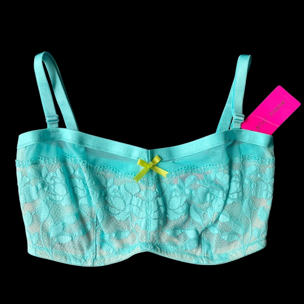 NWT 32DD Betsey Johnson Bra Blue Floral Lace Convertible Straps Bandeau 725801